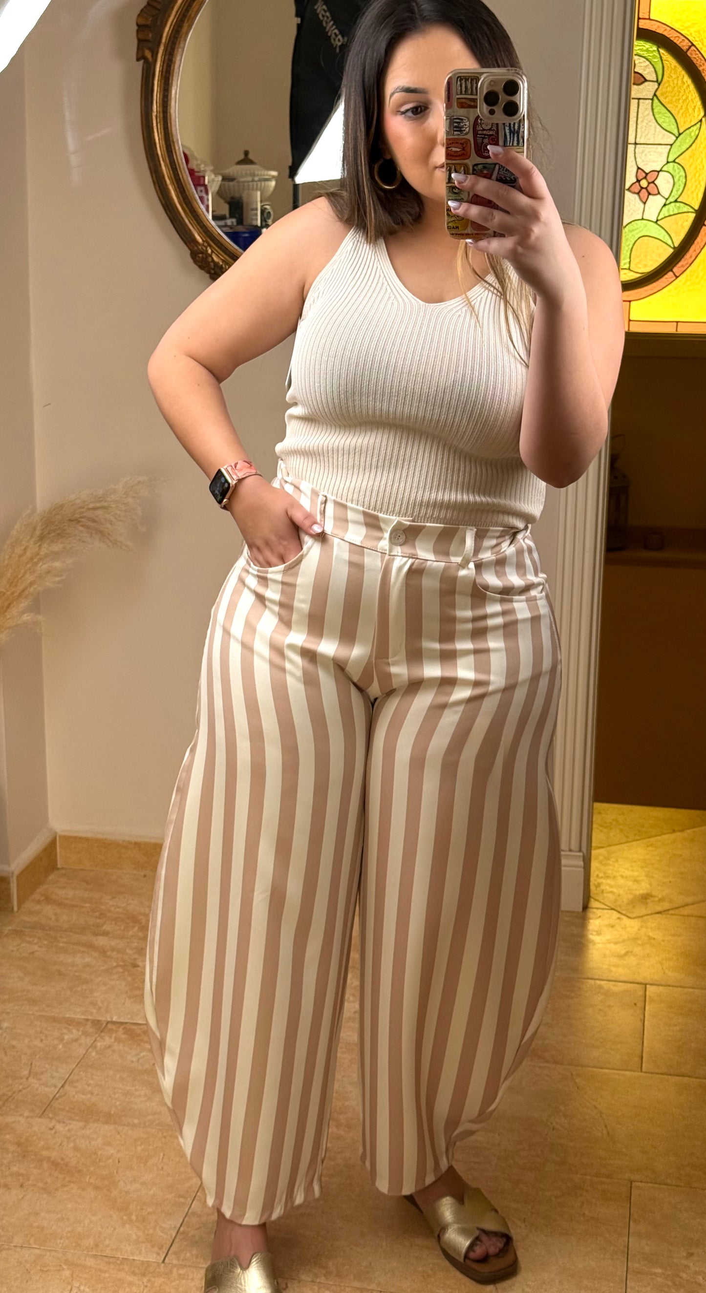 Pantalón Balloon Rayas Beige