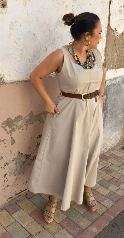 Vestido Midi con Cinturón Beige