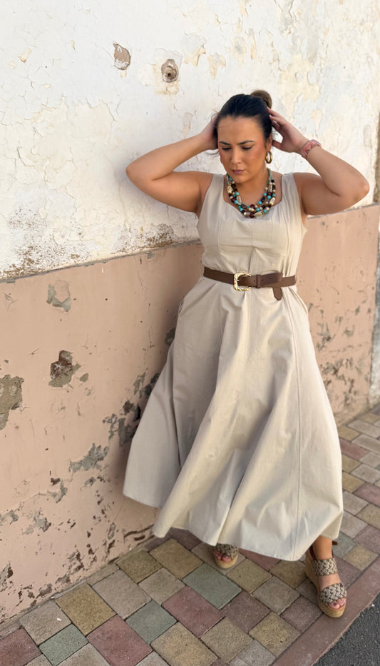 Vestido Midi con Cinturón Beige