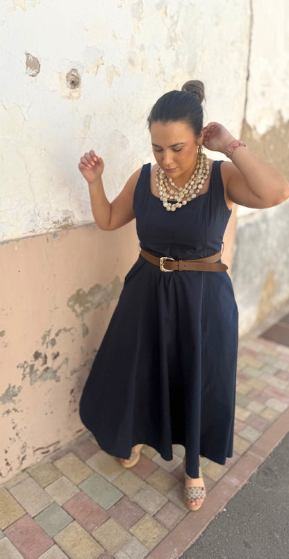 Vestido Midi con Cinturón Marino
