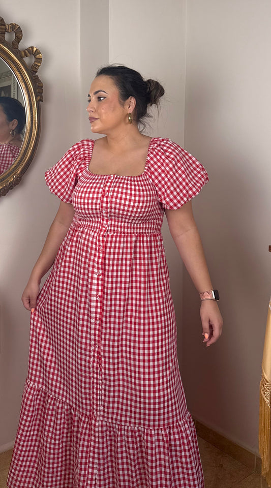 Vestido Midi Vichy Manga Abullonada Rojo