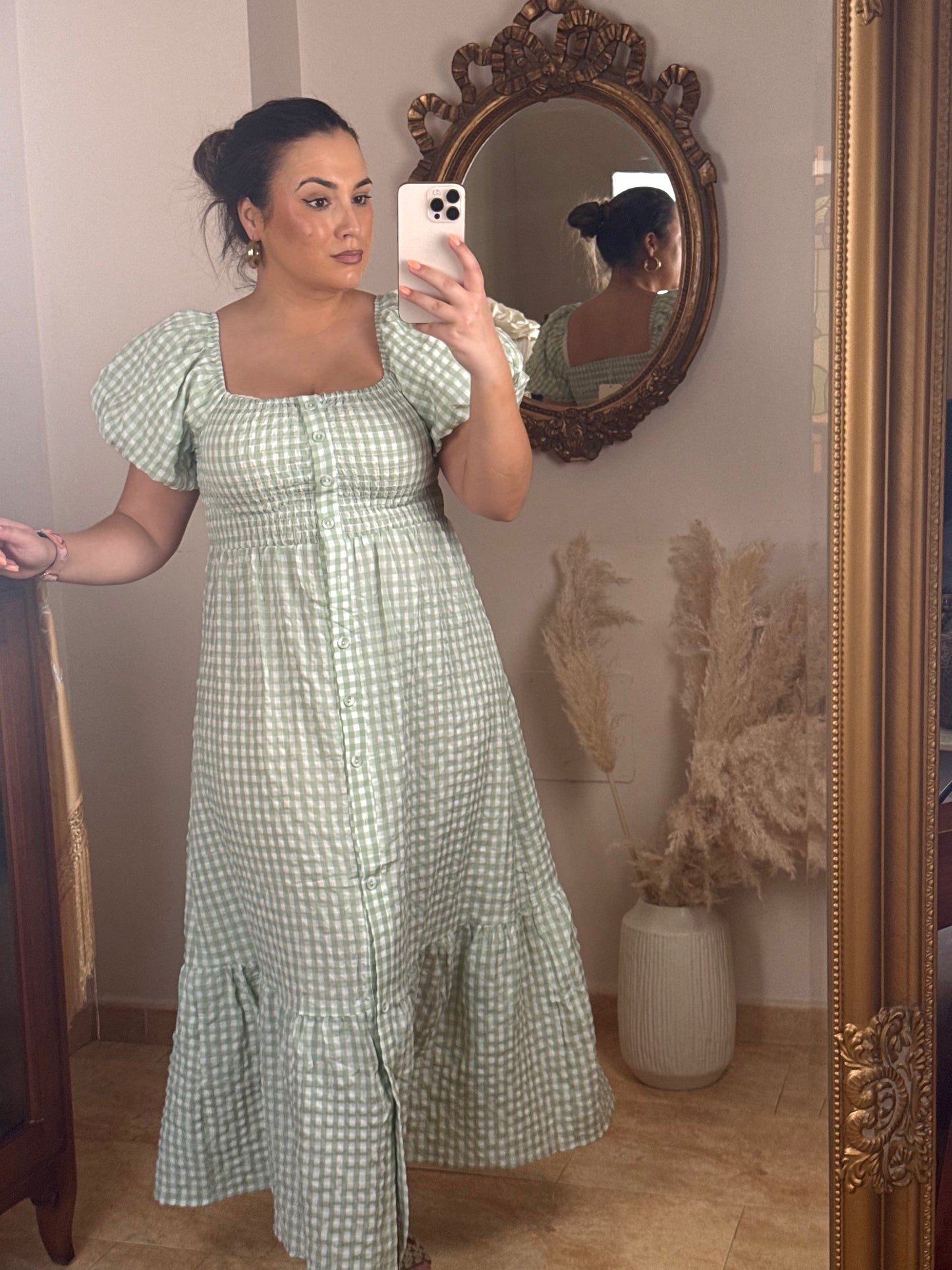 Vestido Midi Vichy Manga Abullonada Verde