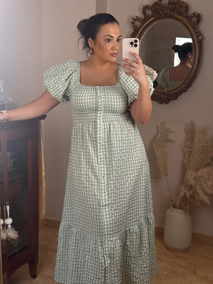 Vestido Midi Vichy Manga Abullonada Verde