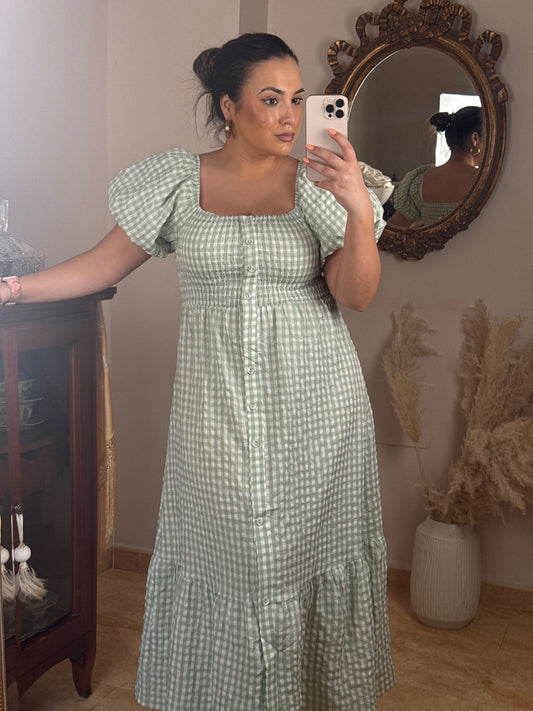 Vestido Midi Vichy Manga Abullonada Verde