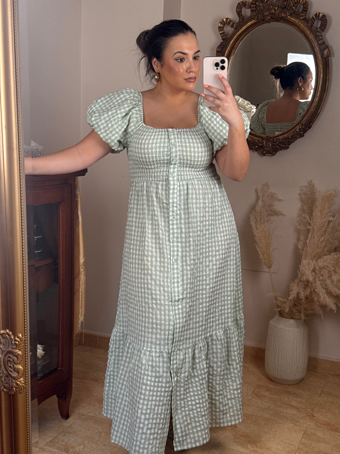 Vestido Midi Vichy Manga Abullonada Verde