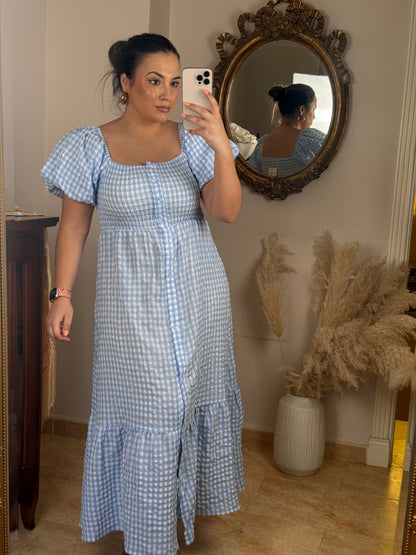 Vestido Midi Vichy Manga Abullonada Celeste