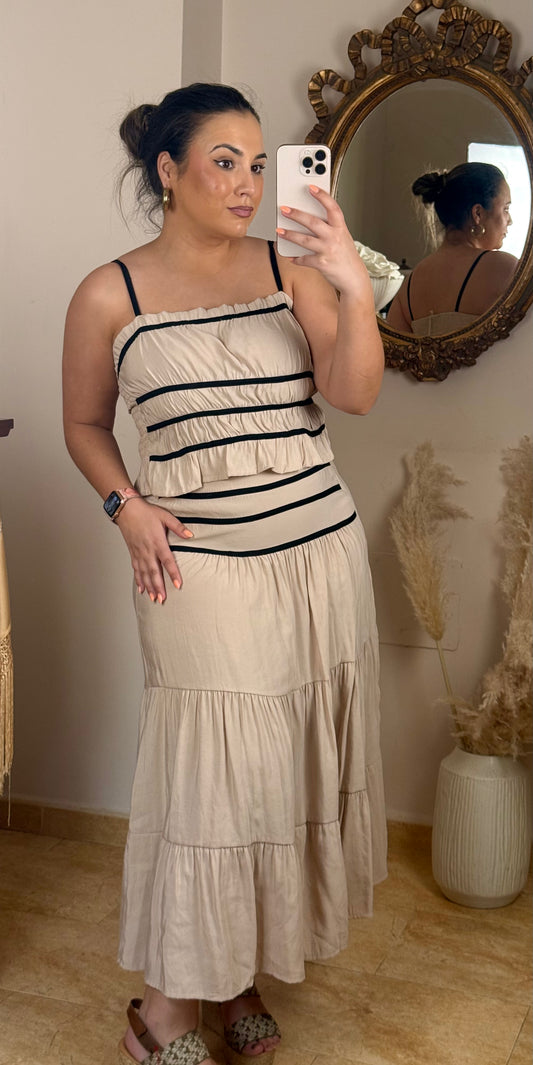 Conjunto Falda Midi Y Top Combinado Beige