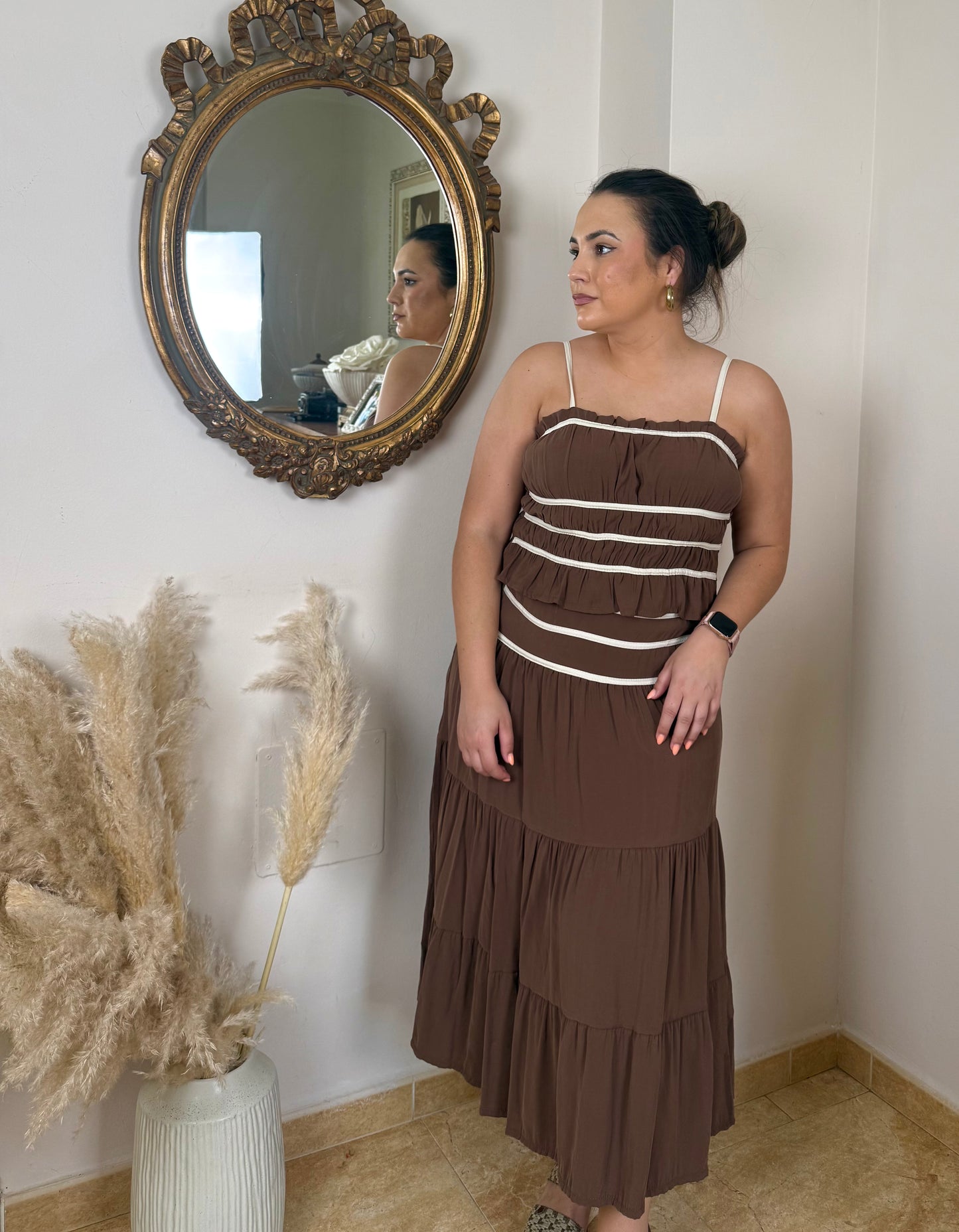 Conjunto Falda Midi Y Top Combinado Marrón