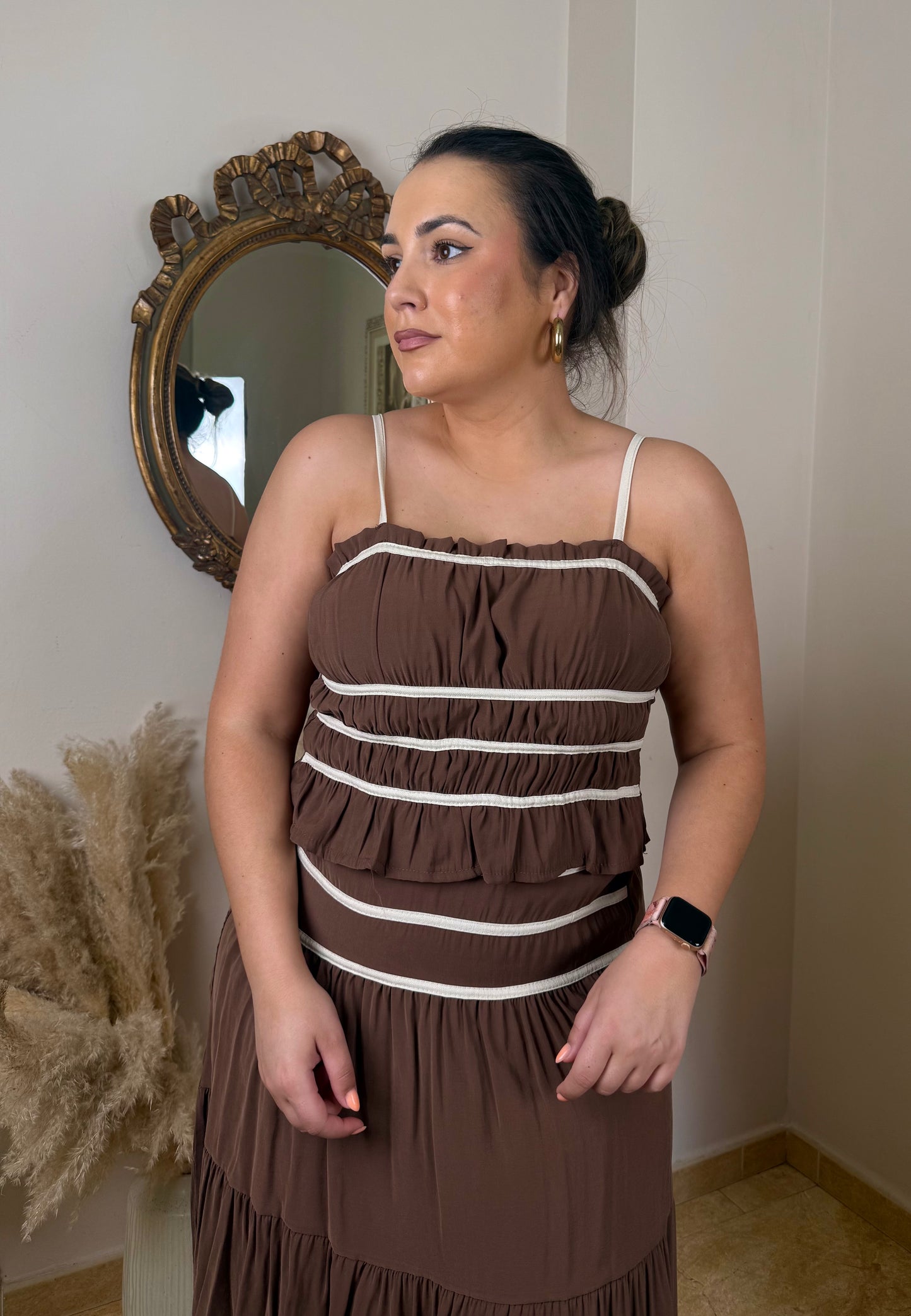 Conjunto Falda Midi Y Top Combinado Marrón