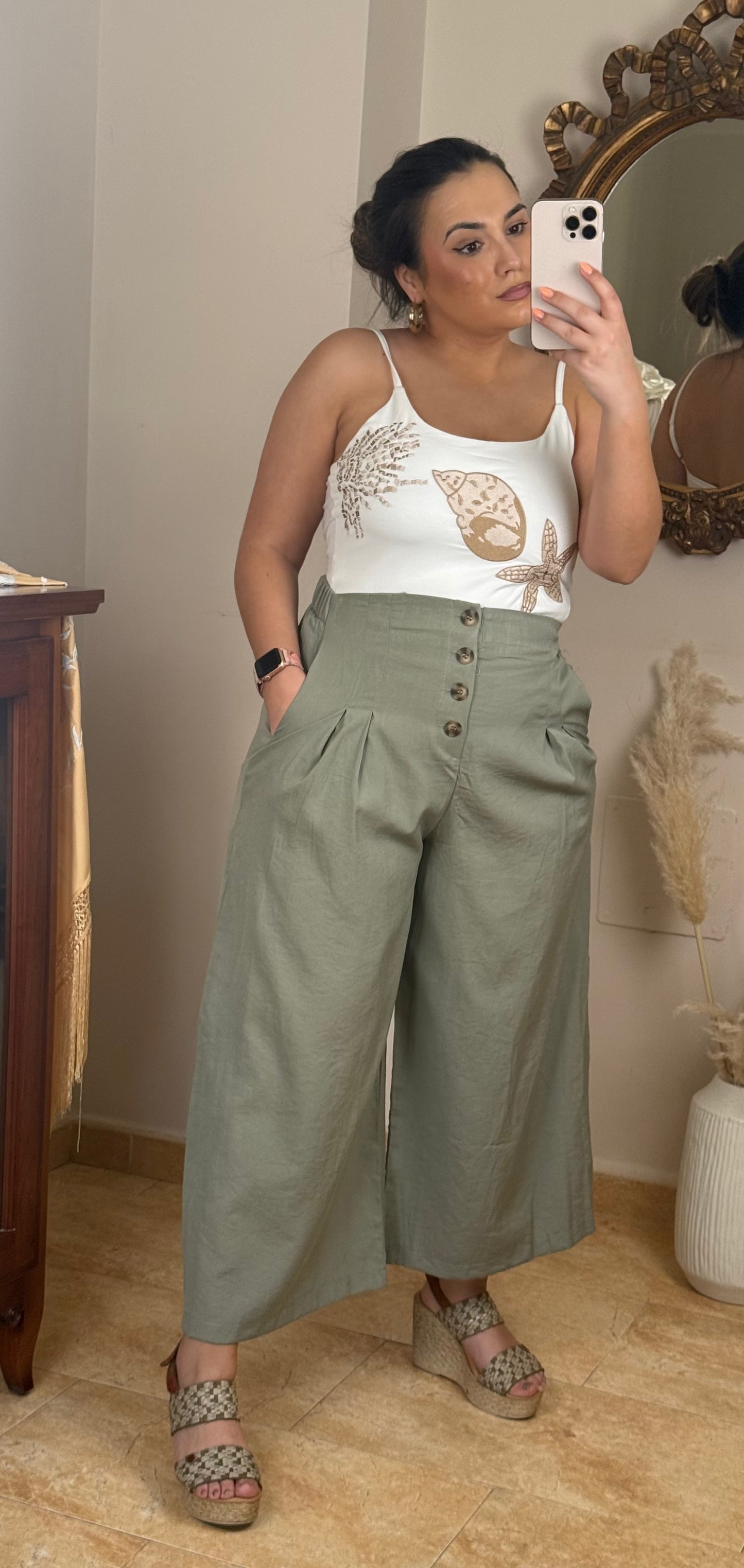 Pantalón Culotte Pinzas Verde