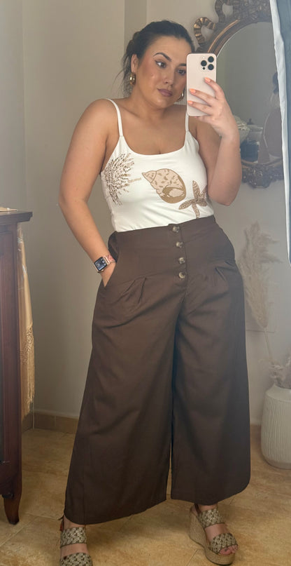 Pantalón Culotte Pinzas Marrón