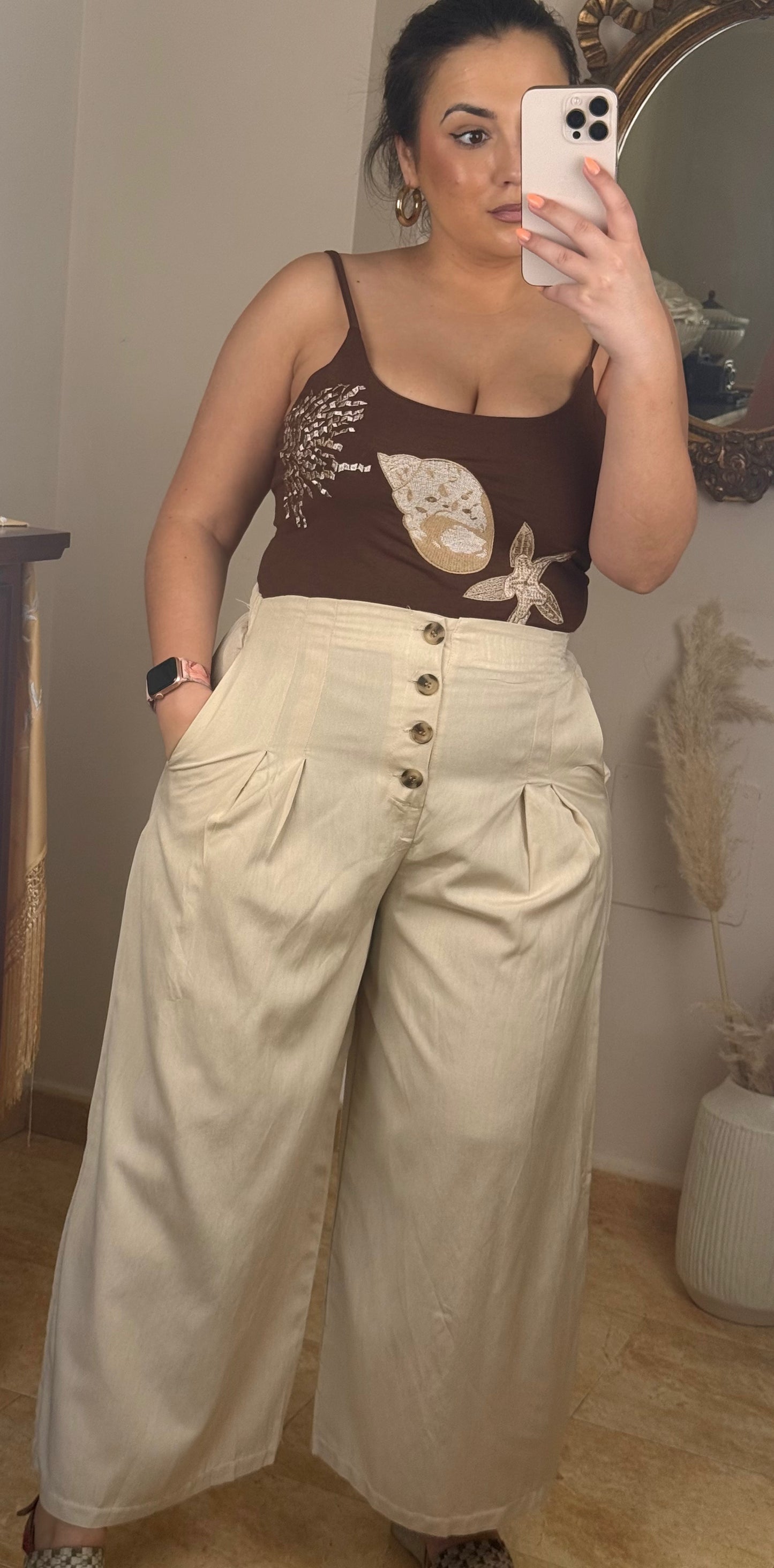 Pantalón Culotte Pinzas Beige