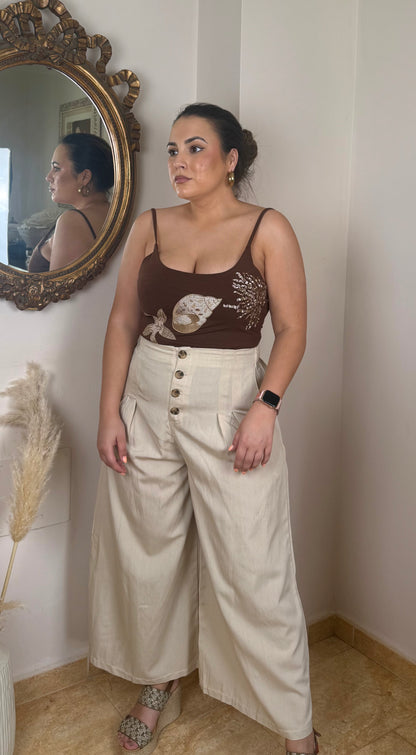 Pantalón Culotte Pinzas Beige