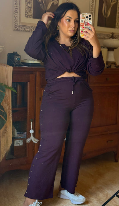 Pantalón Tachuelas Algodón Berenjena