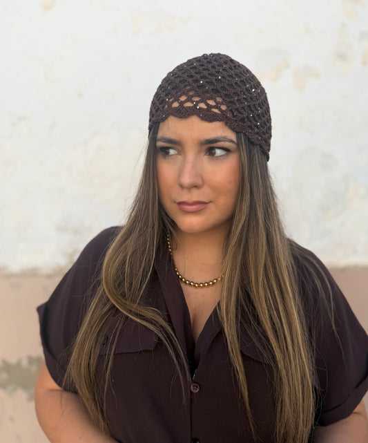 Gorro de Crochet con Micro Lentejuelas Chocolate