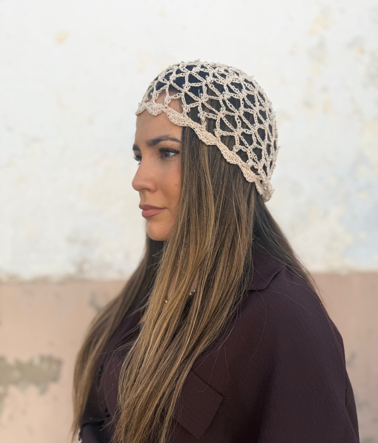 Gorro de Crochet con Abalorios Beige