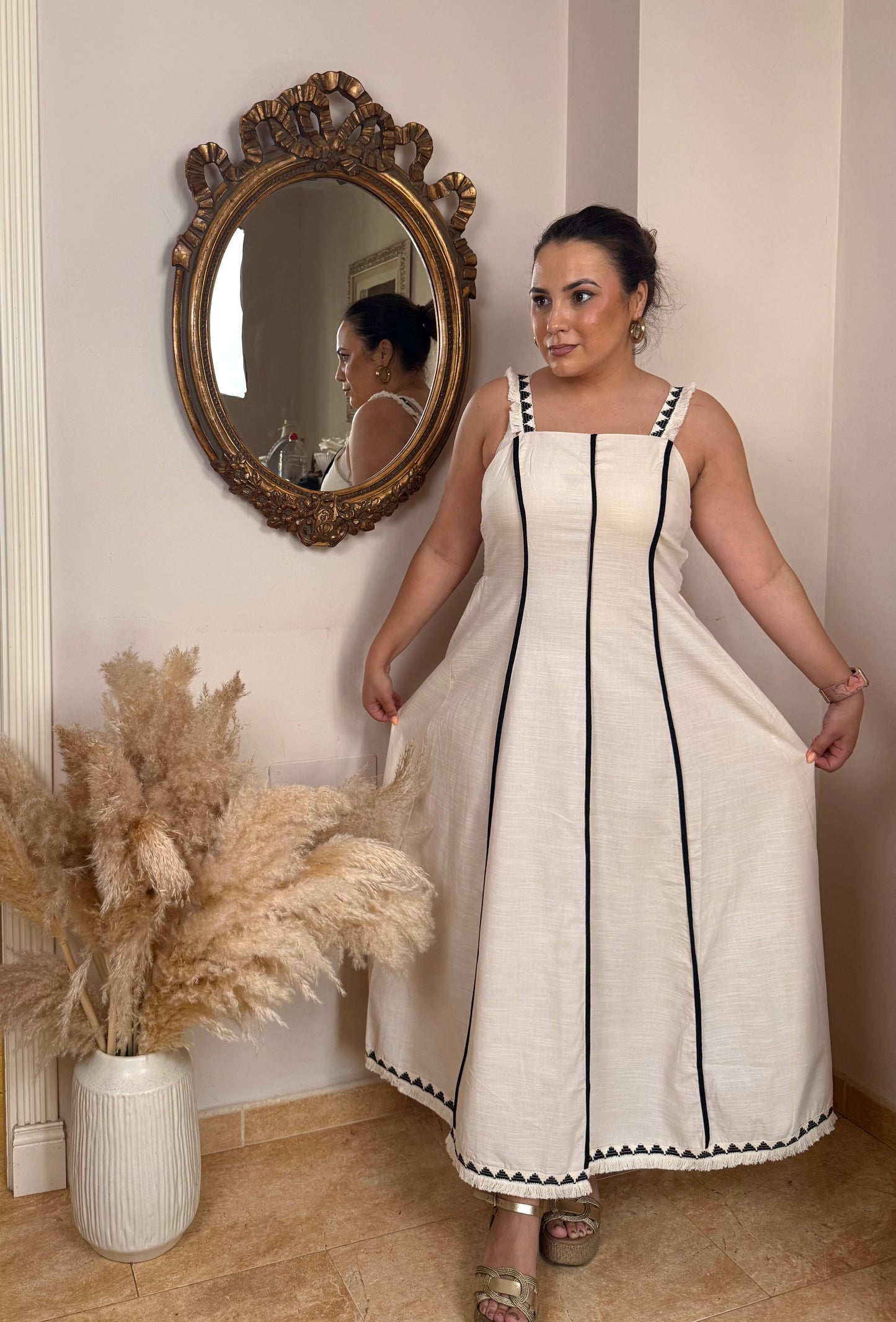 Vestido Efecto Lino Contraste