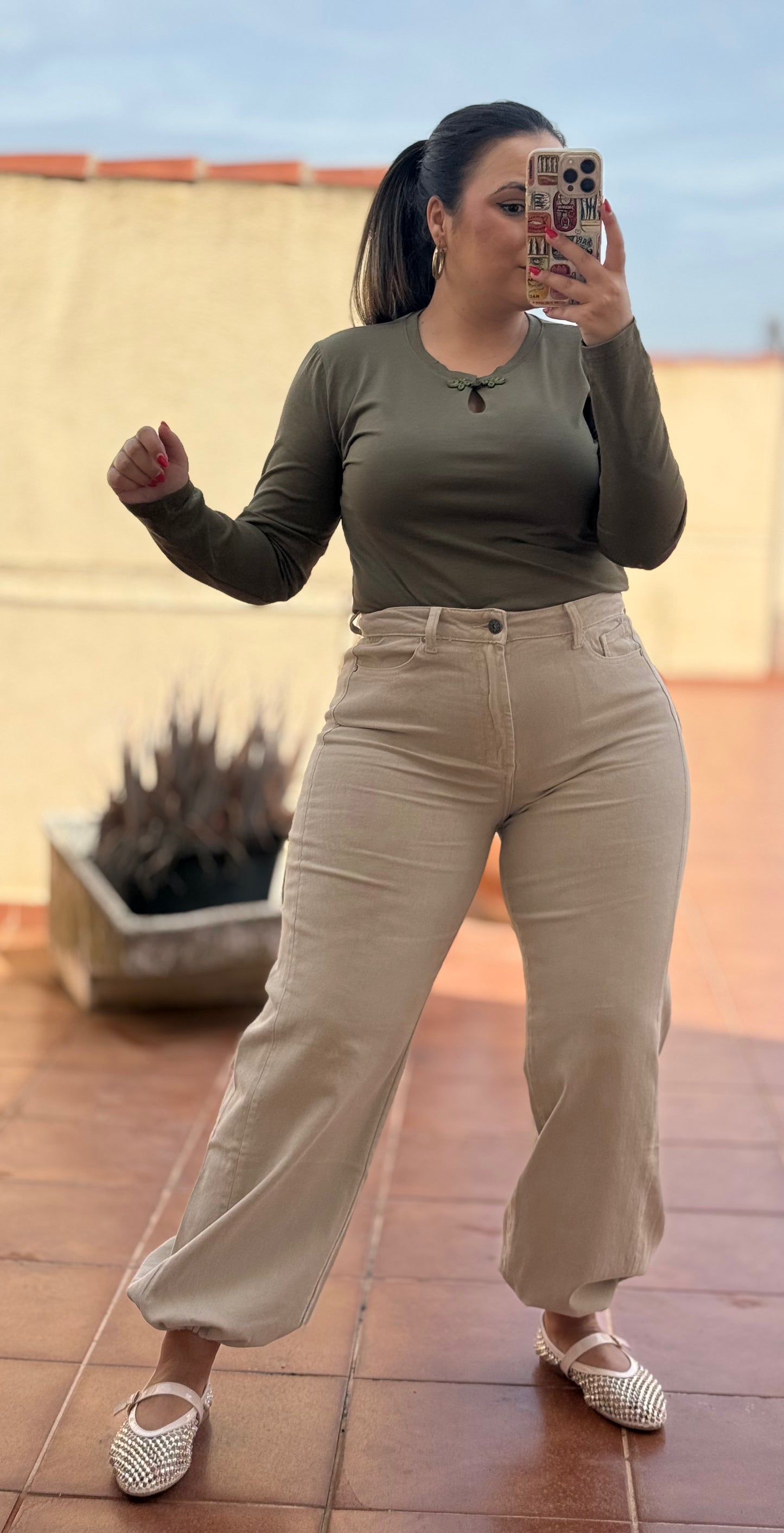 Pantalón Bombacho Denim Beige