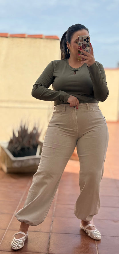 Pantalón Bombacho Denim Beige