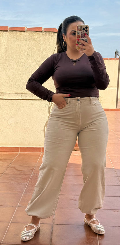 Pantalón Bombacho Denim Beige