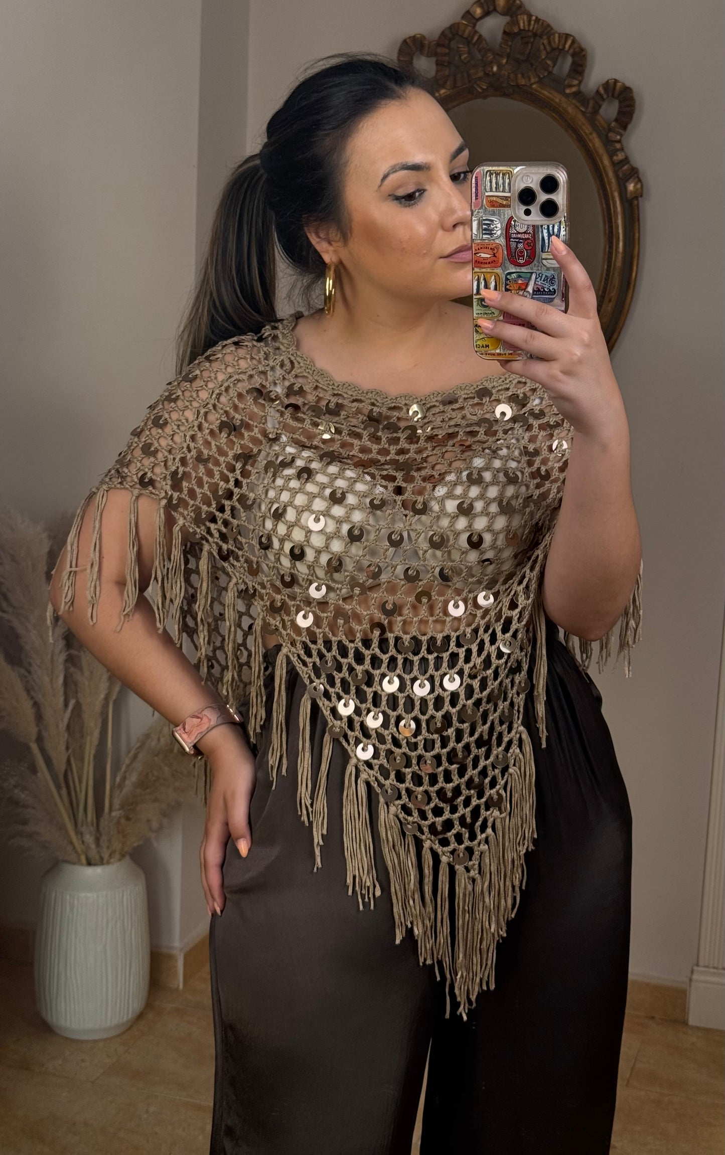 Poncho Calado Lentejuelas Camel