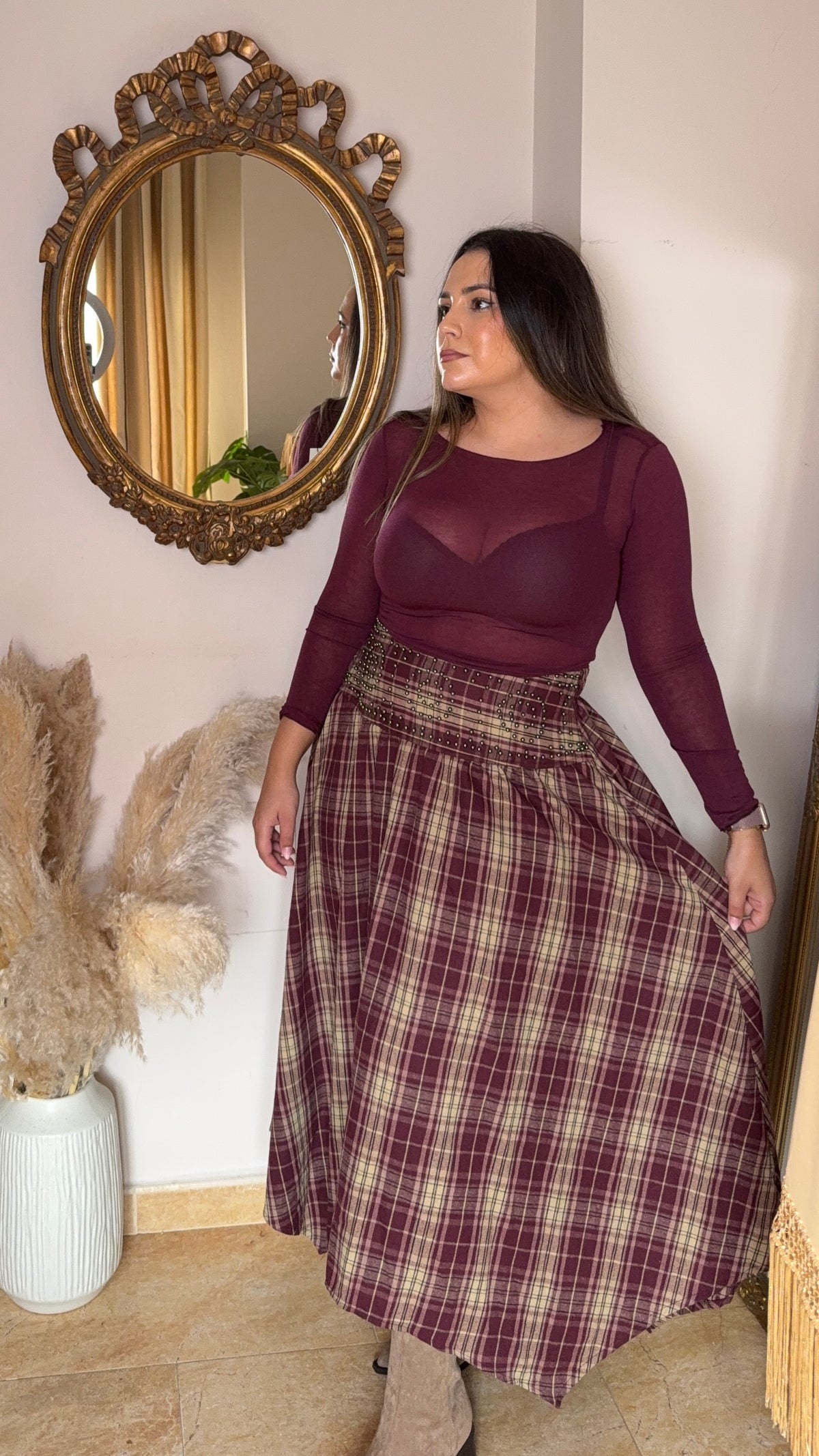 Falda Asimétrica Cuadros Burdeos