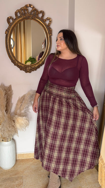 Falda Asimétrica Cuadros Burdeos
