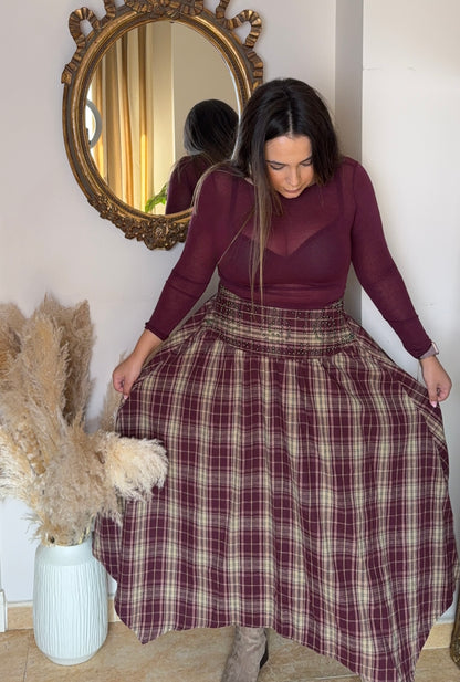 Falda Asimétrica Cuadros Burdeos