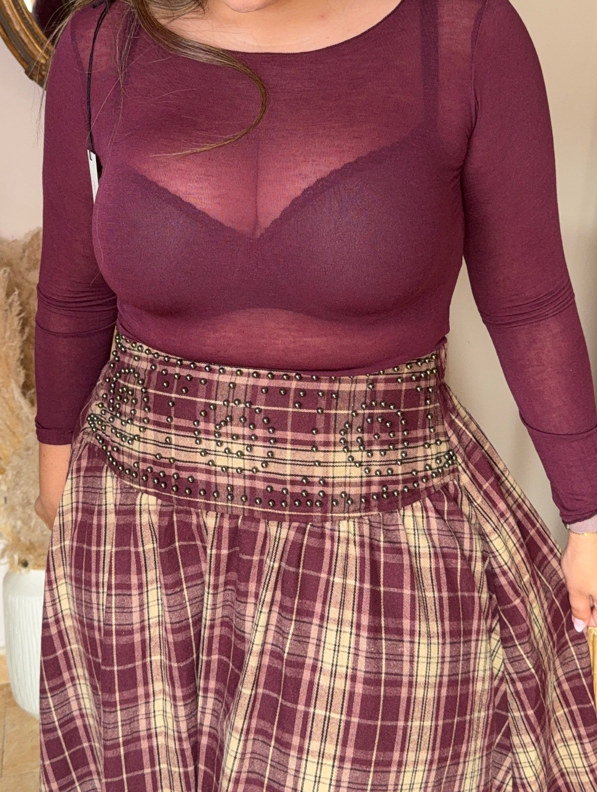 Falda Asimétrica Cuadros Burdeos