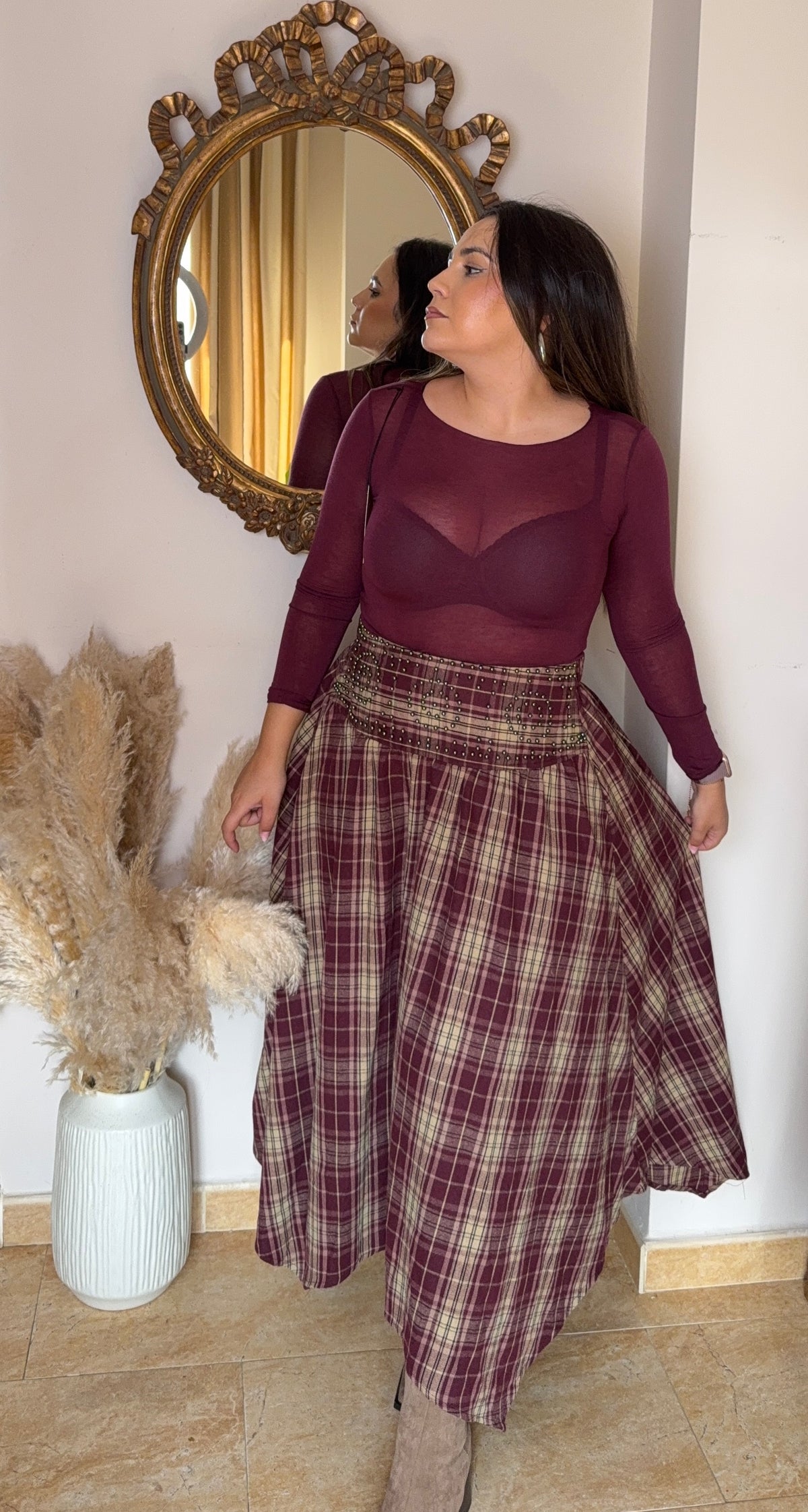 Falda Asimétrica Cuadros Burdeos