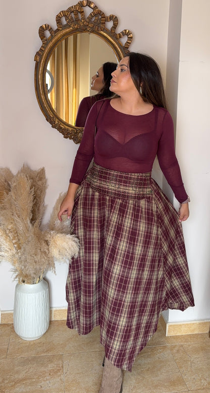 Falda Asimétrica Cuadros Burdeos