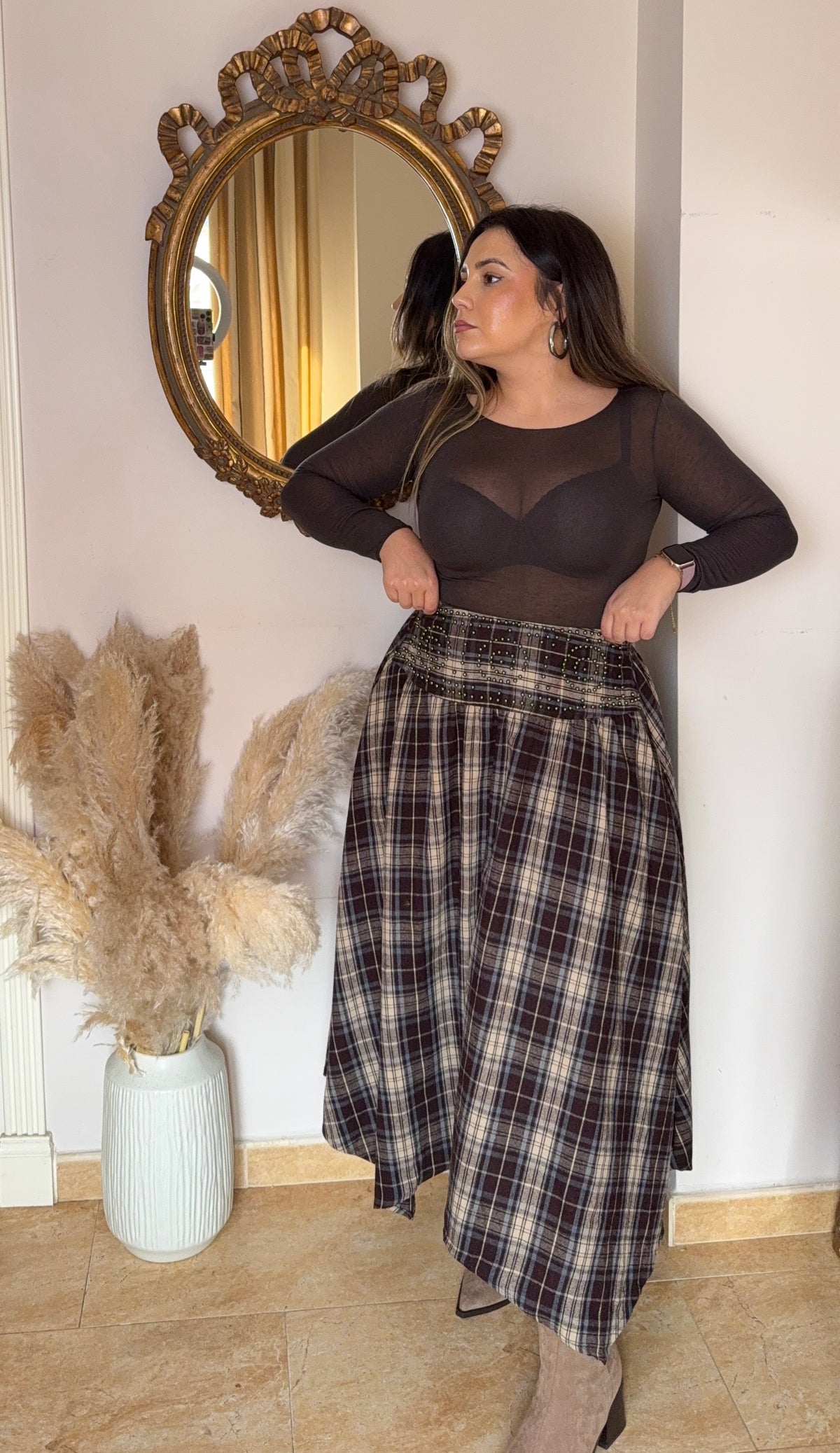 Falda Asimétrica Cuadros Marrón