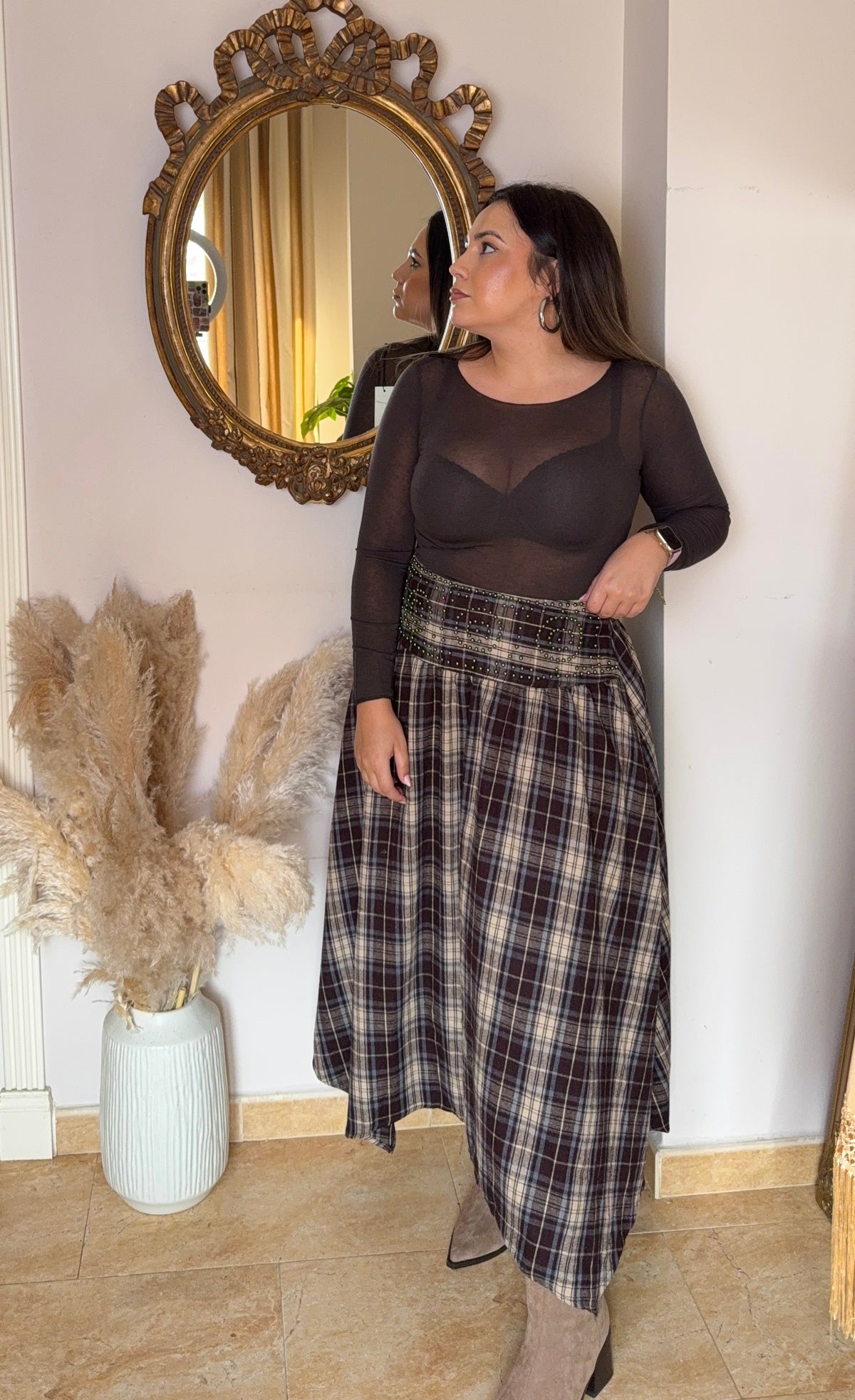 Falda Asimétrica Cuadros Marrón