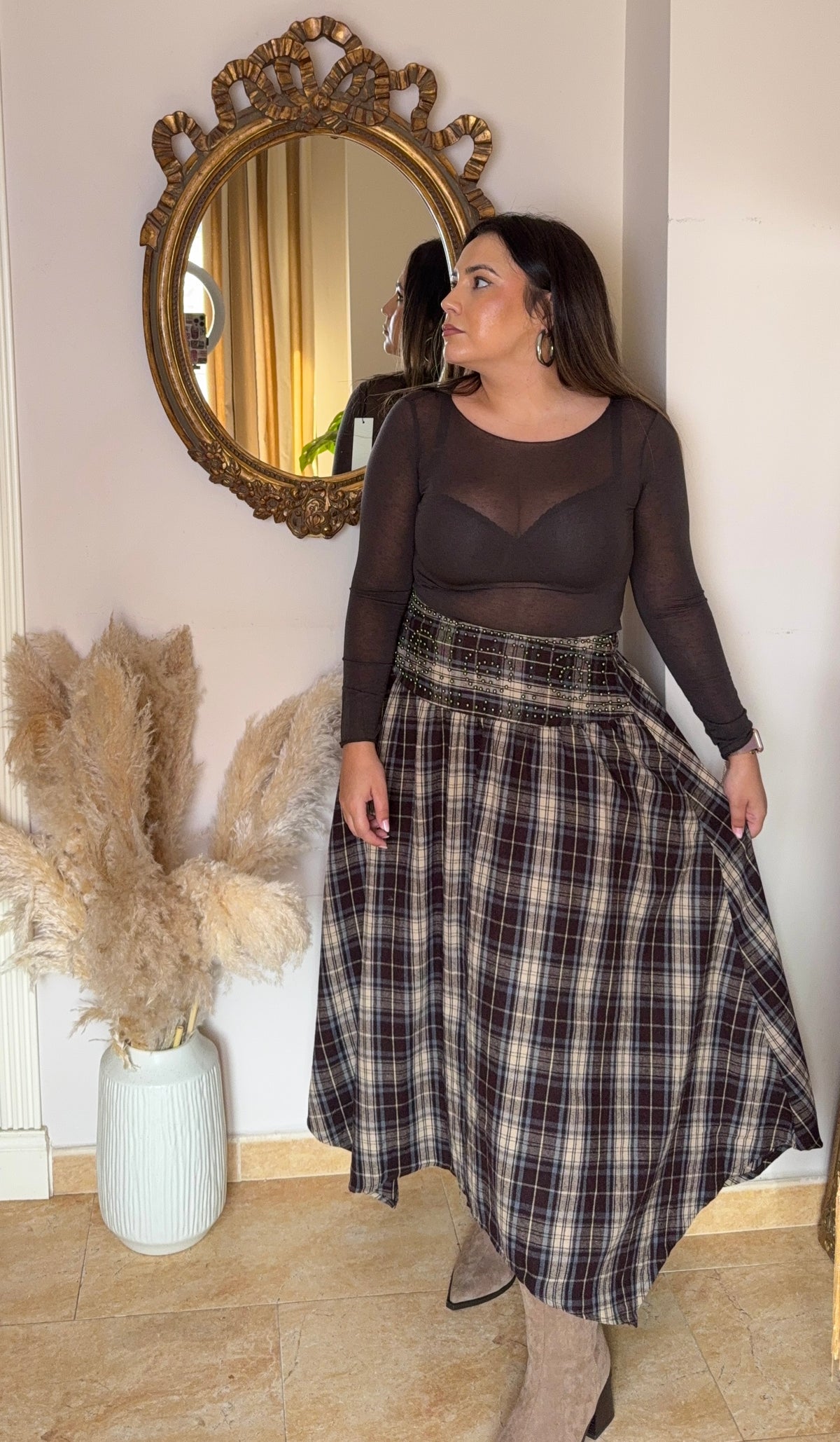 Falda Asimétrica Cuadros Marrón
