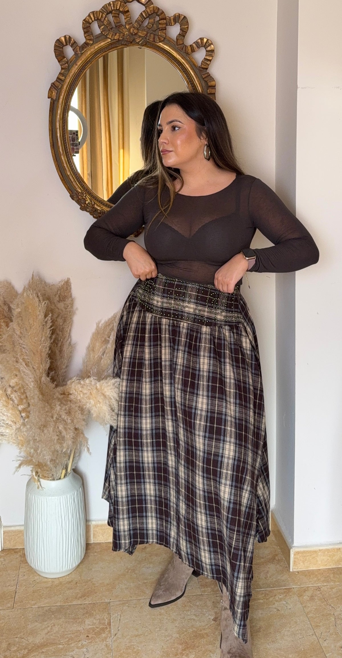 Falda Asimétrica Cuadros Marrón