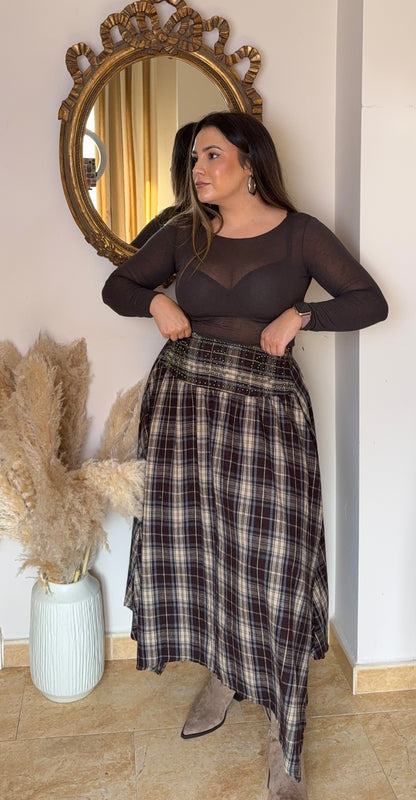 Falda Asimétrica Cuadros Marrón