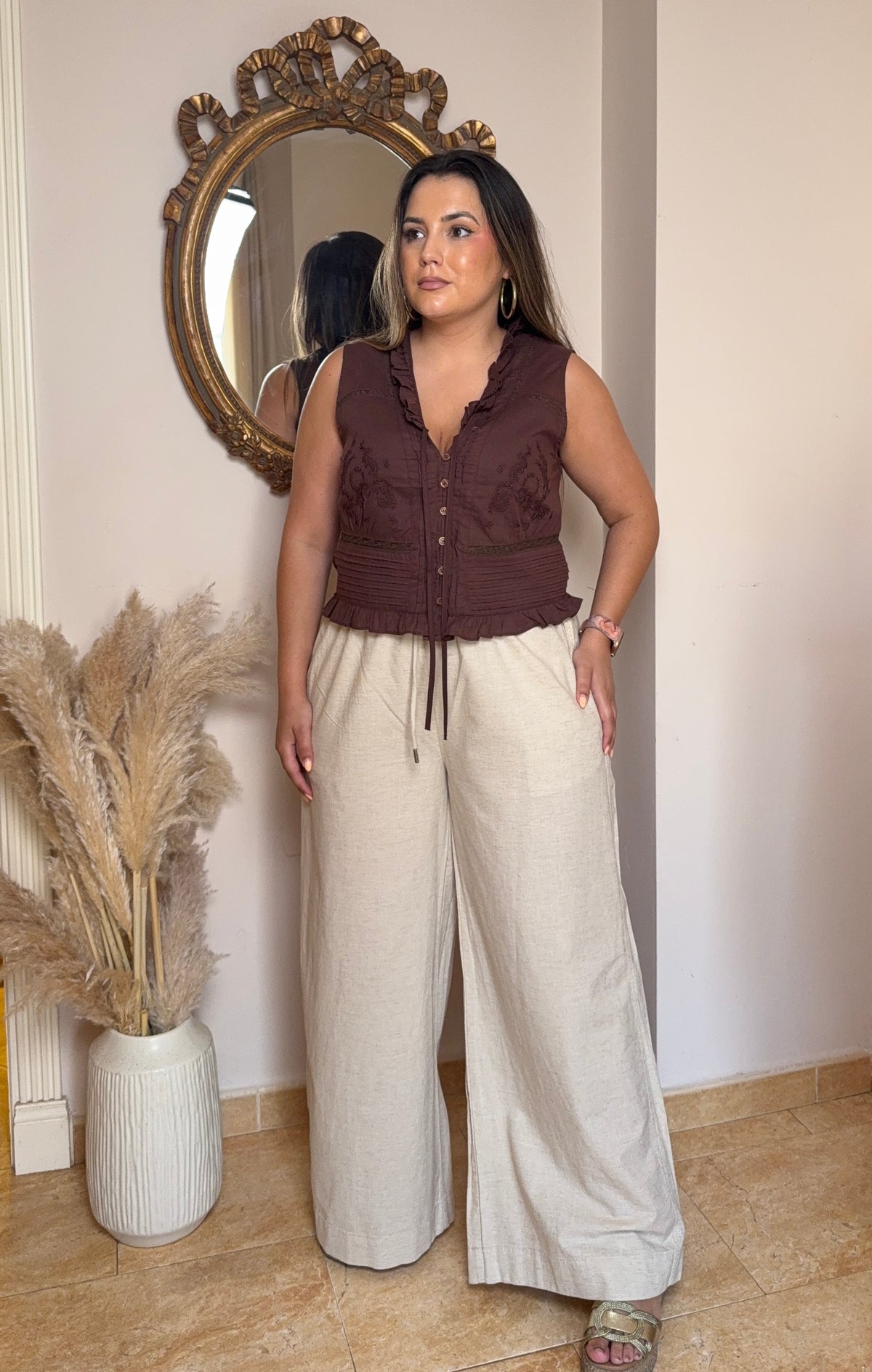 Pantalón Palazzo Tipo Lino Beige