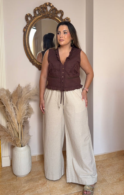 Pantalón Palazzo Tipo Lino Beige