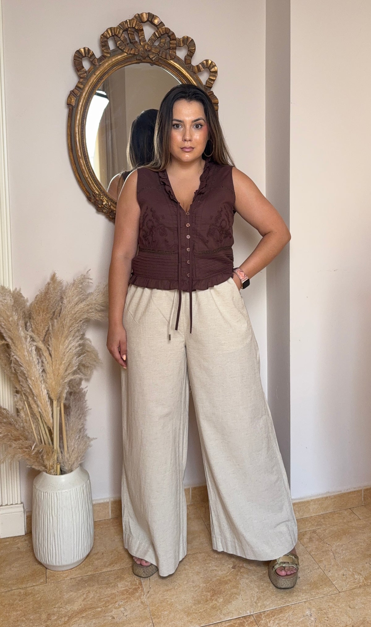 Pantalón Palazzo Tipo Lino Beige