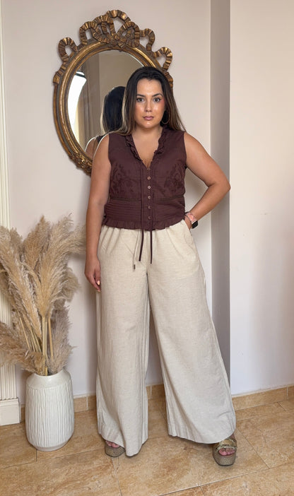 Pantalón Palazzo Tipo Lino Beige