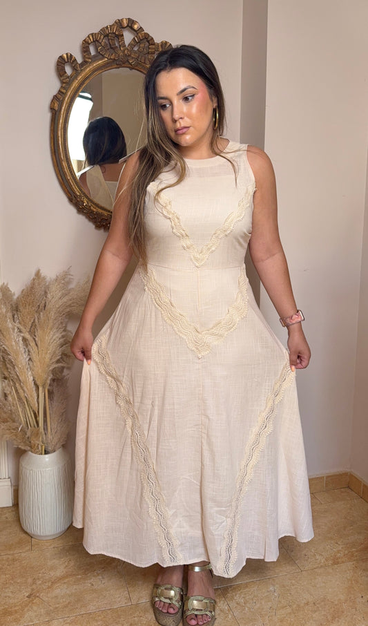 Vestido Lino Bordados Beige