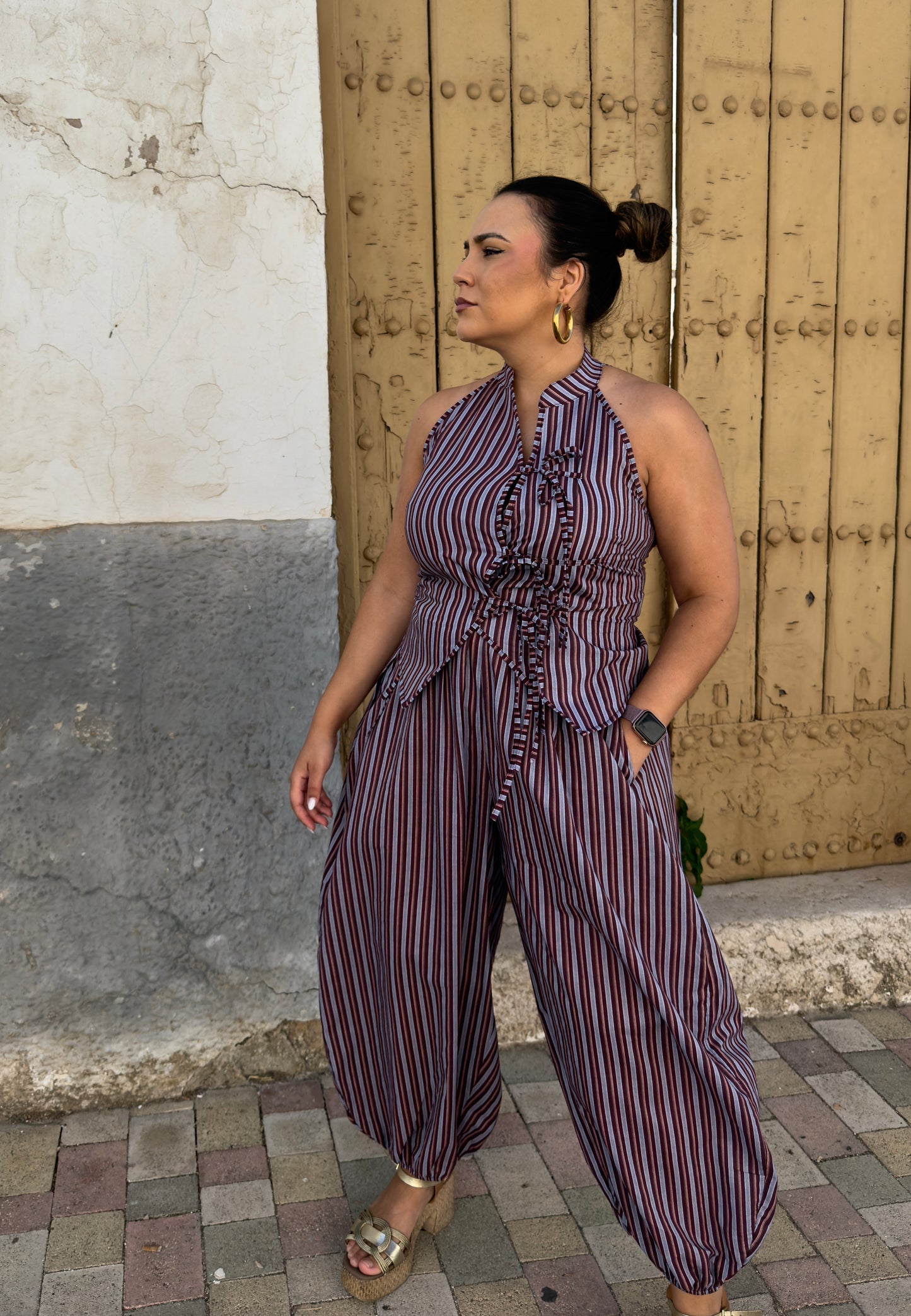 Conjunto Rayas Burdeos Estilo Oriental