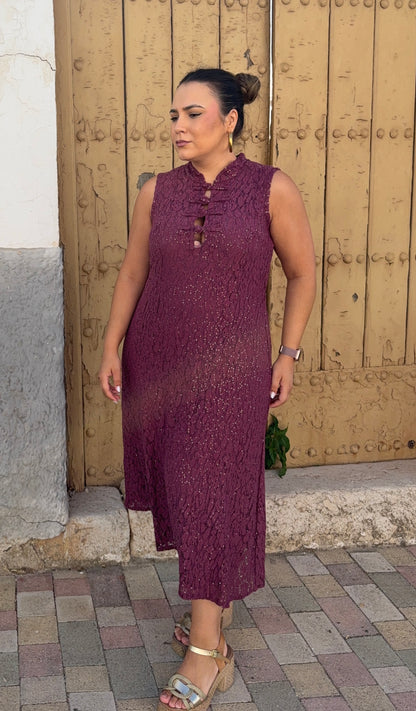 Vestido Midi de Encaje Berenjena con Lentejuelas