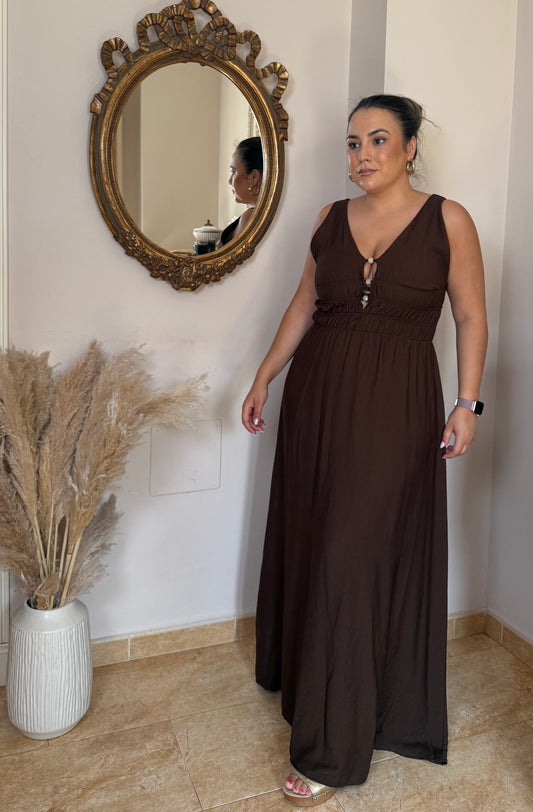 Vestido Perlas Largo Marrón