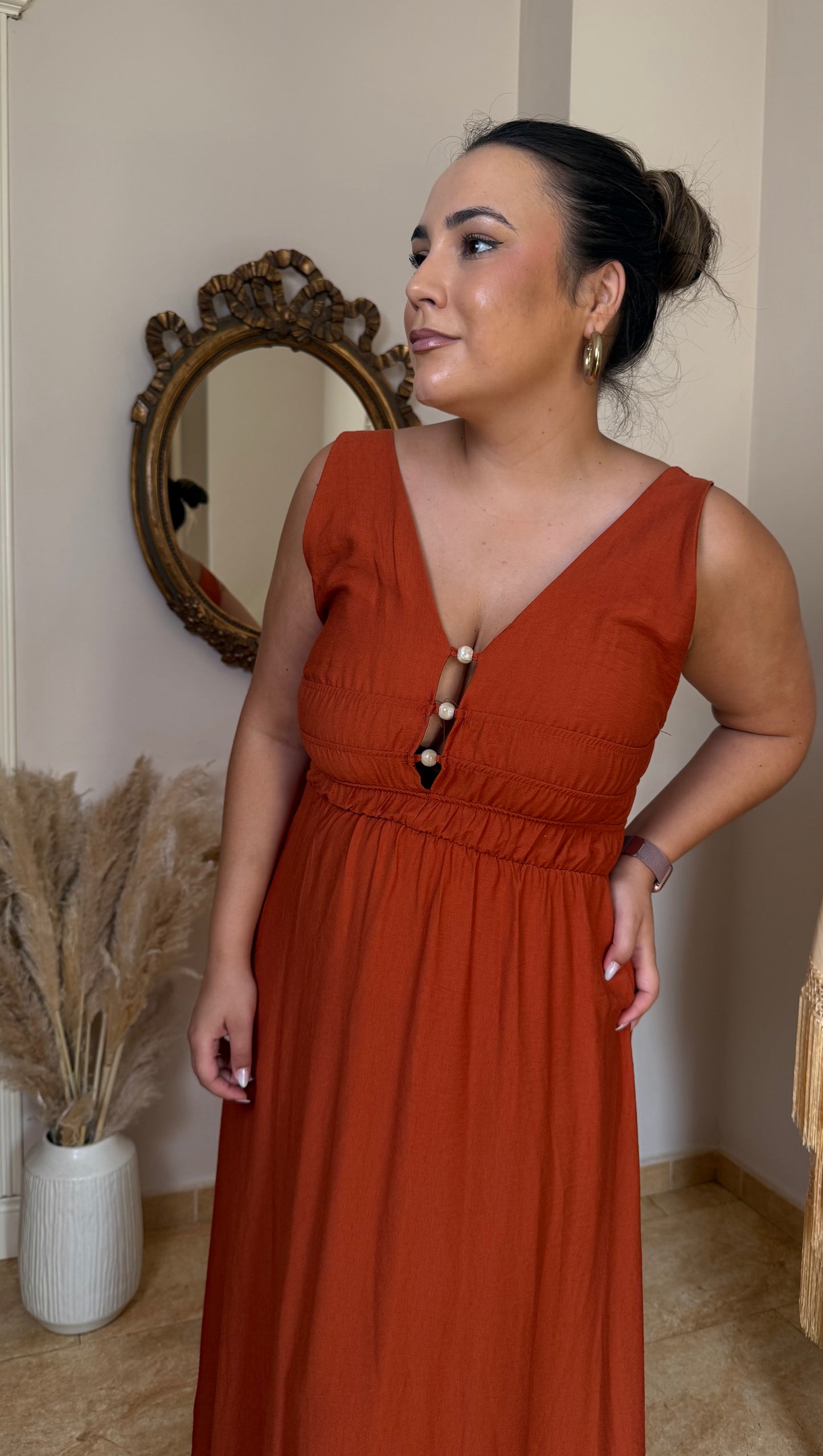 Vestido Perlas Largo Teja