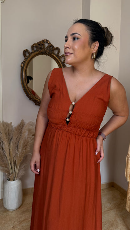 Vestido Perlas Largo Teja