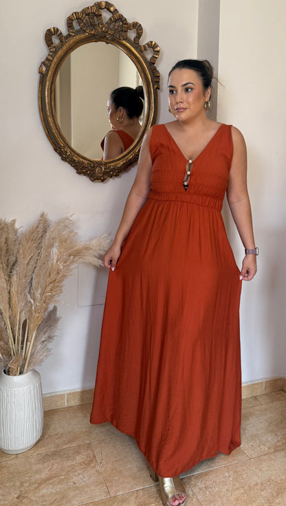 Vestido Perlas Largo Teja
