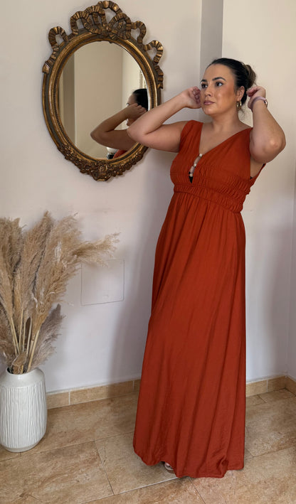 Vestido Perlas Largo Teja