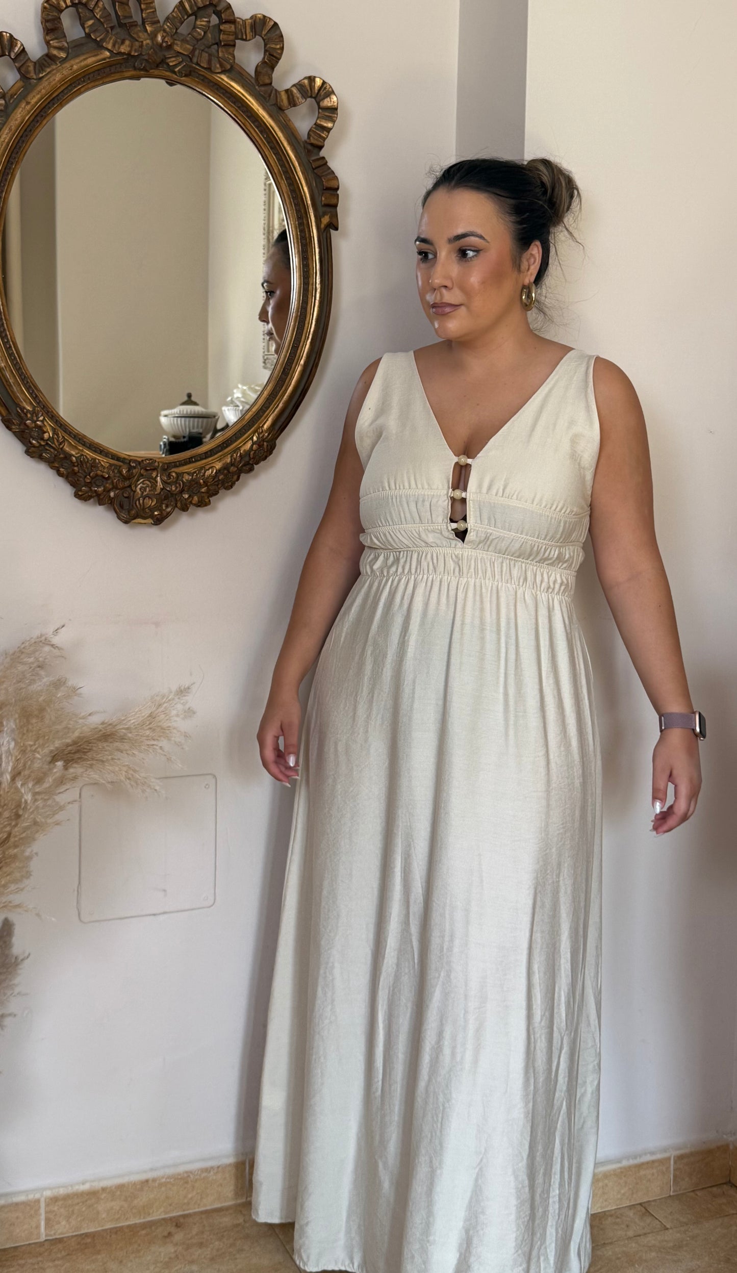 Vestido Perlas Largo Beige