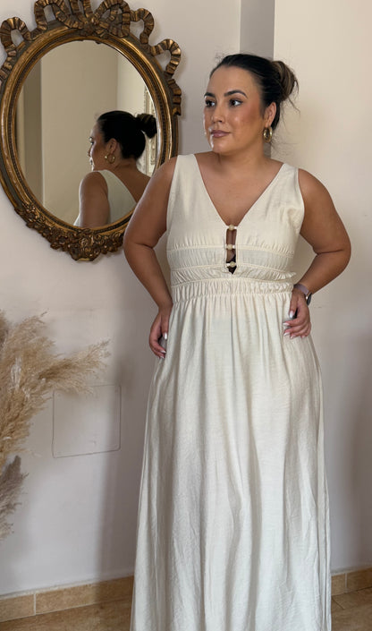 Vestido Perlas Largo Beige